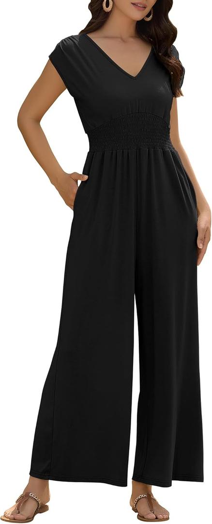 ZAFUL Womens Summer Jumpsuits 2025 V Neck Smocked Waist Dressy Casual One Piece Outfits with Pockets (XX-Large, Black)