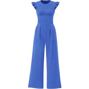 PRETTYGARDEN Womens Summer Jumpsuits Dressy Casual Crew Neck Rib Knit One Piece Outfits Ruffle Cap Sleeves Romper(Brilliant Blue,Large)