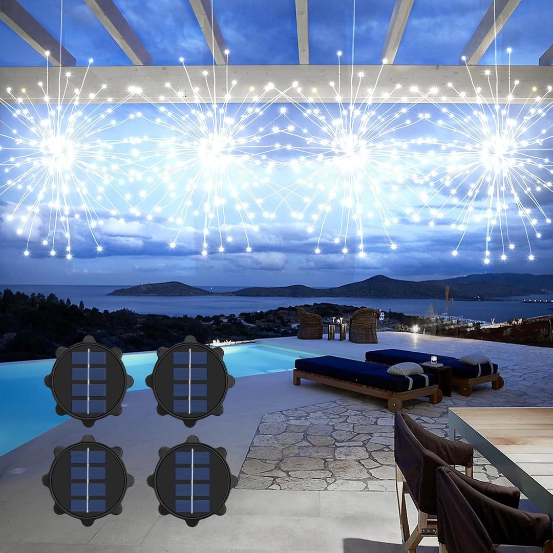 4 Pack Solar Christmas Lights Outdoor Solar Firework Lights, Solar Powered Hanging Light Outdoor Waterproof Landscape Starburst Light for Patio Yard Party Decor (White)