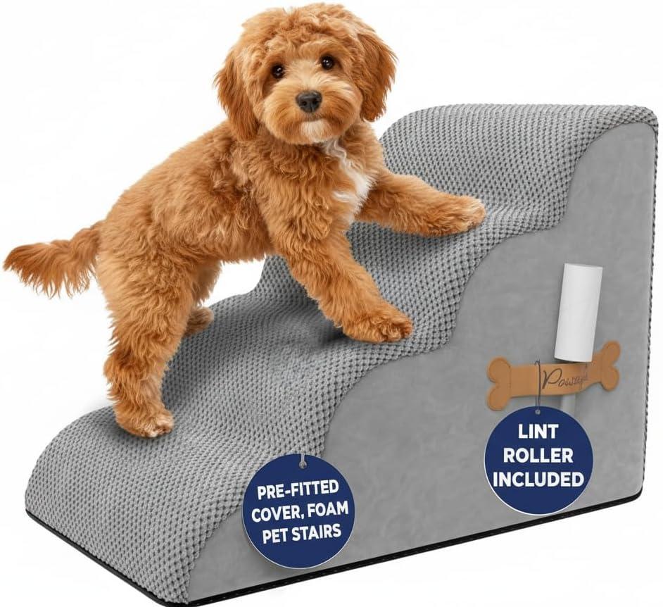 PAWZY Dog Stairs for Bed & Couch, 4-Step Foam Pet Steps 20 High for Small Dogs & Cats up to 60 lbs, Wide Non-Slip Stairs, Waterproof Washable Zipper Cover, No Assembly, Grey (Gray)