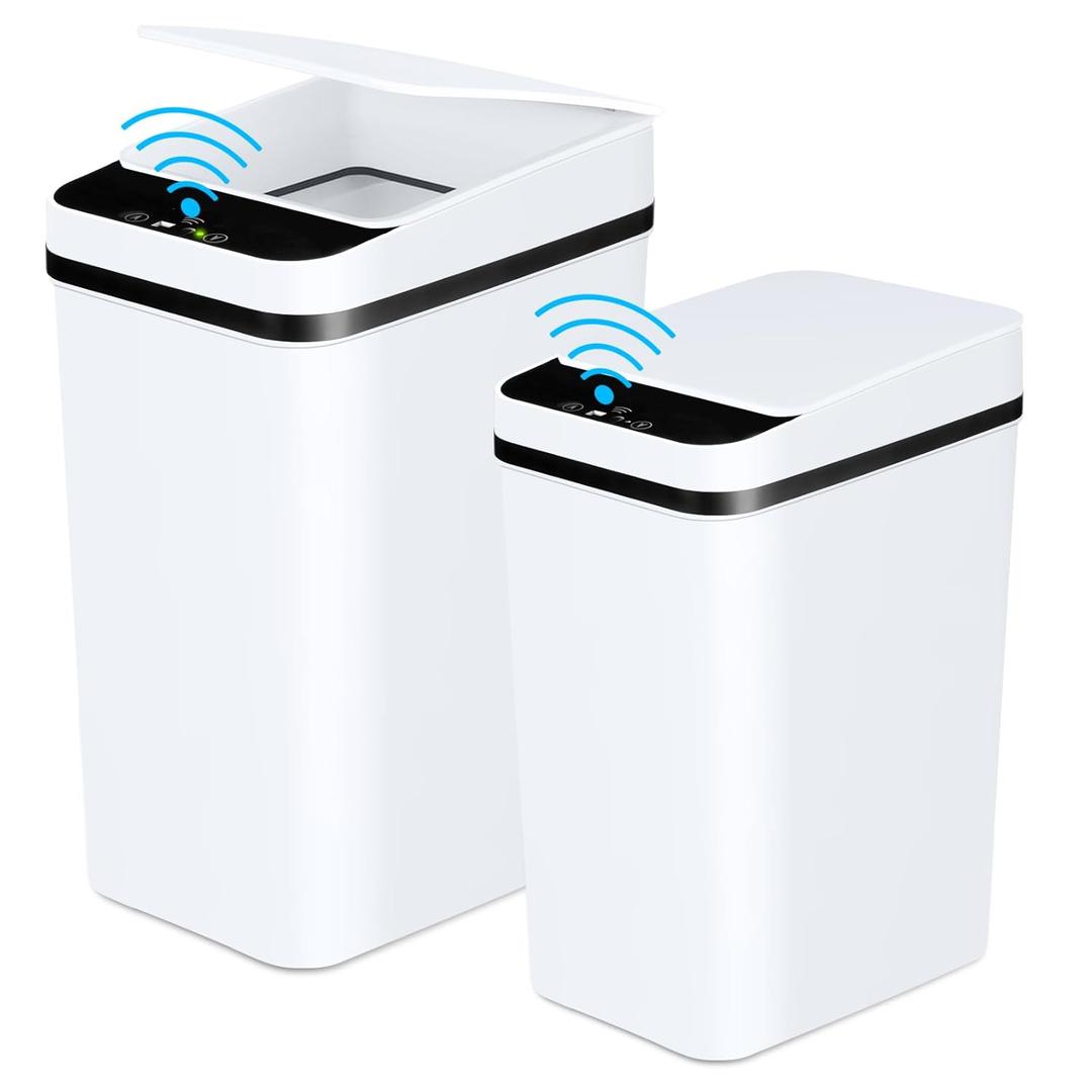 Anborry Bathroom TrashCans with Lid 2 Pack Touchless Automatic Motion Sensor 2.2 Gal & 4 Gal Small Garbage Can, Smart Electric Narrow Garbage Bin for Bedroom Office Kitchen (White)