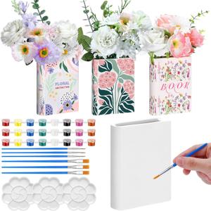 Honeydak 3 Set 5.9 Inch Book Shaped Vase Ready to Paint Your Own Ceramic Book Flowers Vase Ceramics to Paint DIY Unpainted Paintable Kit Crafts with Acrylic Brush Palette for Adults