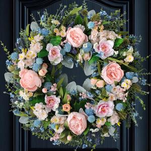 Summer Pink Peony Front Door Wreath 24-inch Flower Blue Wreath Indoor Outdoor Front Door Hallway Window Decoration Wedding Birthday Party Decoration, Pink