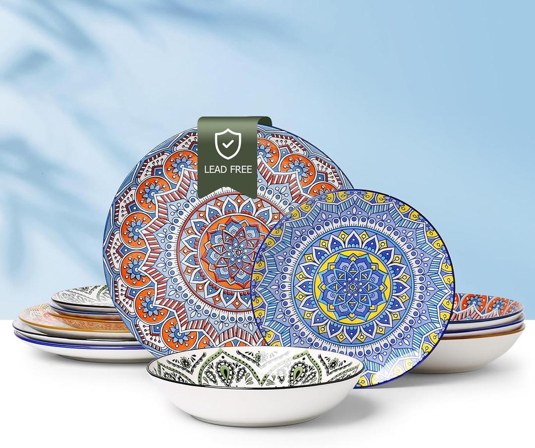 Ceramic Dinnerware 12 Pieces Dinner Set,Plates Pasta Bowls Cereal Bowls Reactive Change Glaze Dish Sets, Modern Stoneware Dishe Bohemian colors (Bohemia)