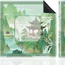 Green Chinoiserie Mahjong Mat for Table, Traditional Oriental Pavilion Chinese Landscape 31.5" x 31.5" Non-Slip & Noise Reduction Mahjong Mat for Poker Dominoes Cards & Board Games