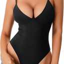 Rooscier Women's Deep V Neck Spaghetti Strap Sleeveless Sexy Going Out Bodysuits (Black)