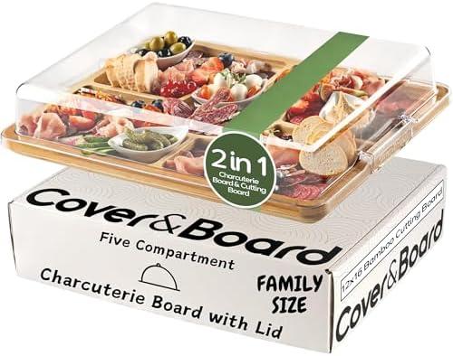 Cover&Board 2-in-1 Charcuterie Board with Lid, Large 12x16 Bamboo Cutting Board and Wooden Tray with 5 Compartments and Clear Cover, Charcuterie and Cheese Server for Entertaining and Travel, Gift Box