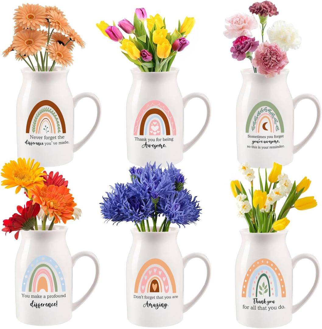 6 Pcs Thank You Appreciation Gift Teacher Ceramic Vase with Small Handle Flower Vases for Coworker Employee Teacher Volunteer Social Worker