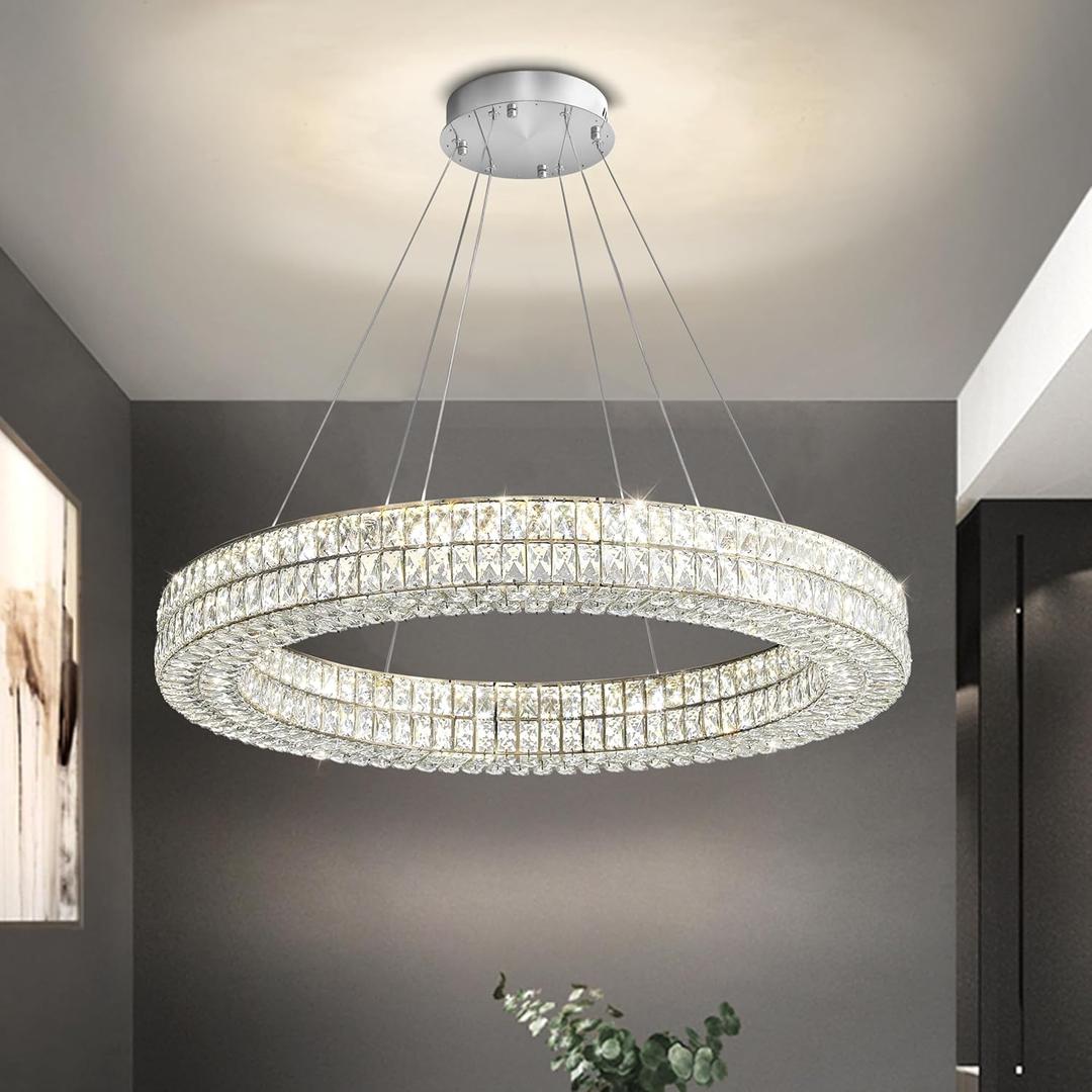 Led Ring Crystal Chandelier, Modern Dimmable Chandeliers Lighting and Hanging Adjustable, LED Round Ceiling Light for Dining Room Living Room 24" Silver