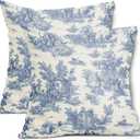 aportt French Country Pillow Covers Set of 2 20x20 Inch Vintage Toile Blue Cotton Linen Polyester Decorative Throw Pillow Case Cushion Cover for Bedroom Sofa Living Room Couch Chair Office