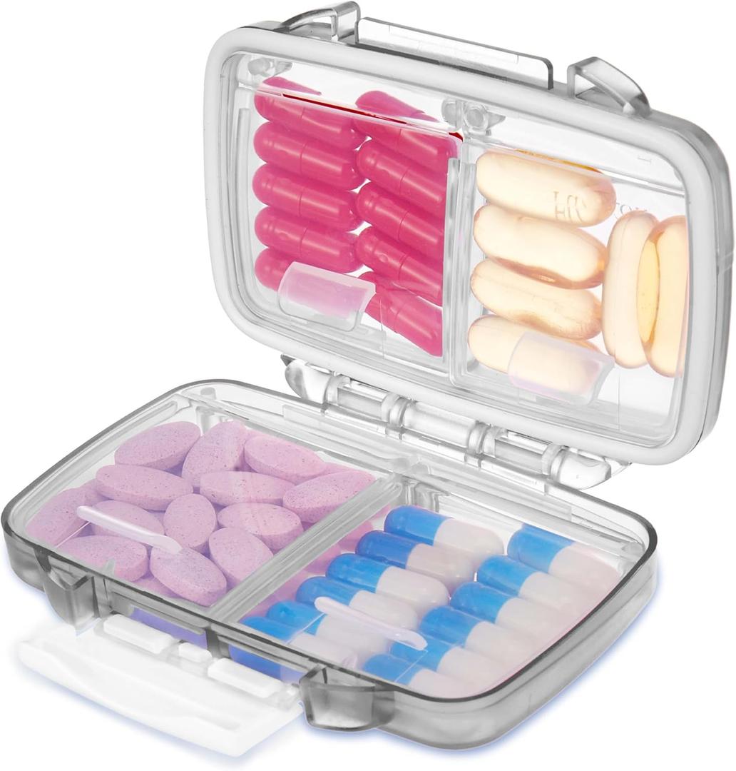 Fullicon Travel Pill Organizer, 4 Compartments Portable Pill Case, Moisture Proof Small Pill Box with Labels, Travel Pill Case with Double Lock, Pocket Pharmacy for Vitamin D3 & Fish Oil (Grey) (1 Pack)
