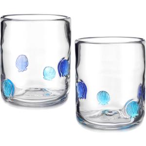 Maxdot 2 Pcs Icon Juice Glasses Seashell Glass Cups Drinking Shell Stemless Wine Glasses 14 Ounce Double Old Fashioned Icon Hand Blown Cocktail Cups Gifts for Women Summer Sea Party Supplies