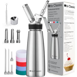 Otis Classic 304 Stainless Steel Whipped Cream Dispenser, 500ml w/ 3 Decorating Nozzles 4 Injector Tips and 6 Colored Grips - Commercial Grade Quality Made of Food Grade Stainless Steel for Home Chef