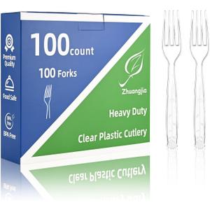 100 Count Extra Heavy Duty Clear Plastic Forks Disposable, BPA-Free, Heat Resistant, Durable Disposable Forks Bulk for Catering & Events Party Supplies