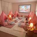 Wilwolfer 6 Pack Sleepover Tents for Kids Party, Tipi Foldable Play Tent with Inflatable Airbeds, Indoor Slumber Party Tent for Girls, Pink