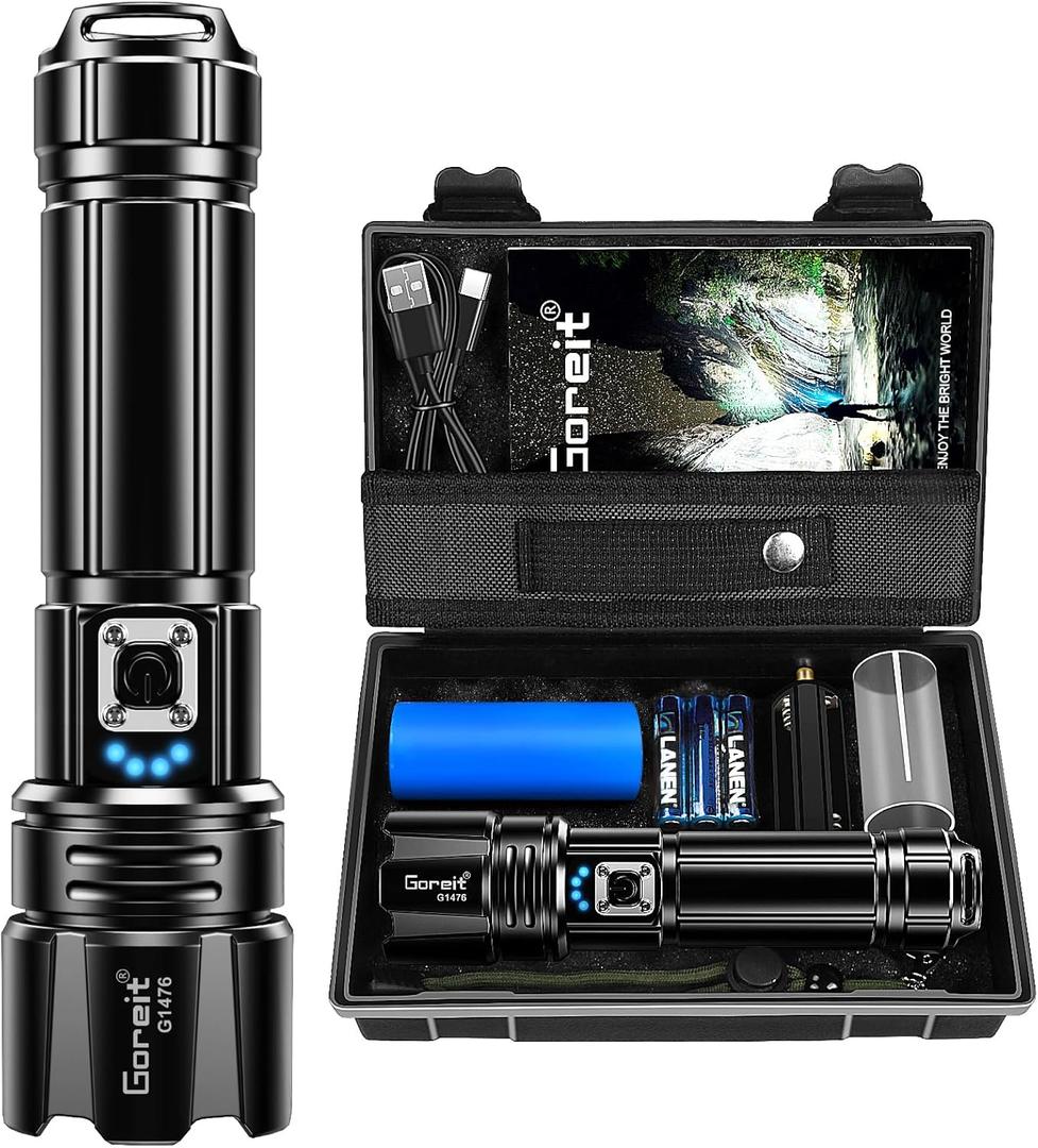 Goreit Super Bright LED Flashlight - 30W Output for 20000 Lumens & 3937ft Beam, USB-C Rechargeable with 12H Runtime, IP67 Waterproof Powerful Handheld Linternas for Home, Camping, Hiking, Emergency