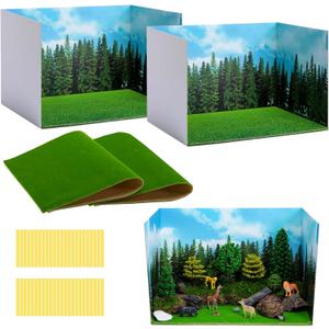 codree 4 Pcs Jungle Style Diorama Box and Fake Grass Decor, Rainforest Diorama Supplies Project Box Set, Cardboard Diorama Kit & Artificial Grass with Double Sided Tapes for DIY Crafts Toys Dollhouse