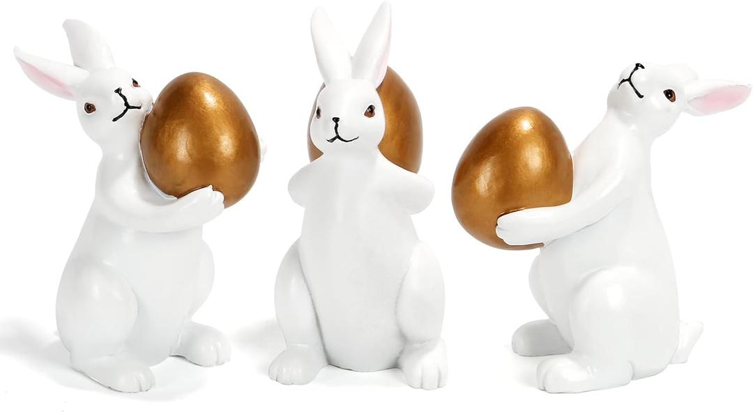 Easter Decorations Bunny Figurines, Set of 3 Elegant White Resin Rabbit Statues with Golden Eggs, Indoor Easter Spring Decorations for Home Tiered Tray Mantel Shelf Decor Tabletop Centerpiece