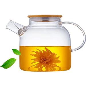 Glass Teapot 50.7oz/1500ml, Stovetop & Microwave Safe Borosilicate Tea Pot,Clear Teapot with Strainer, Glass Tea Kettle with Wooden Lid for Loose LeafFruit Tea and Fragrant Tea