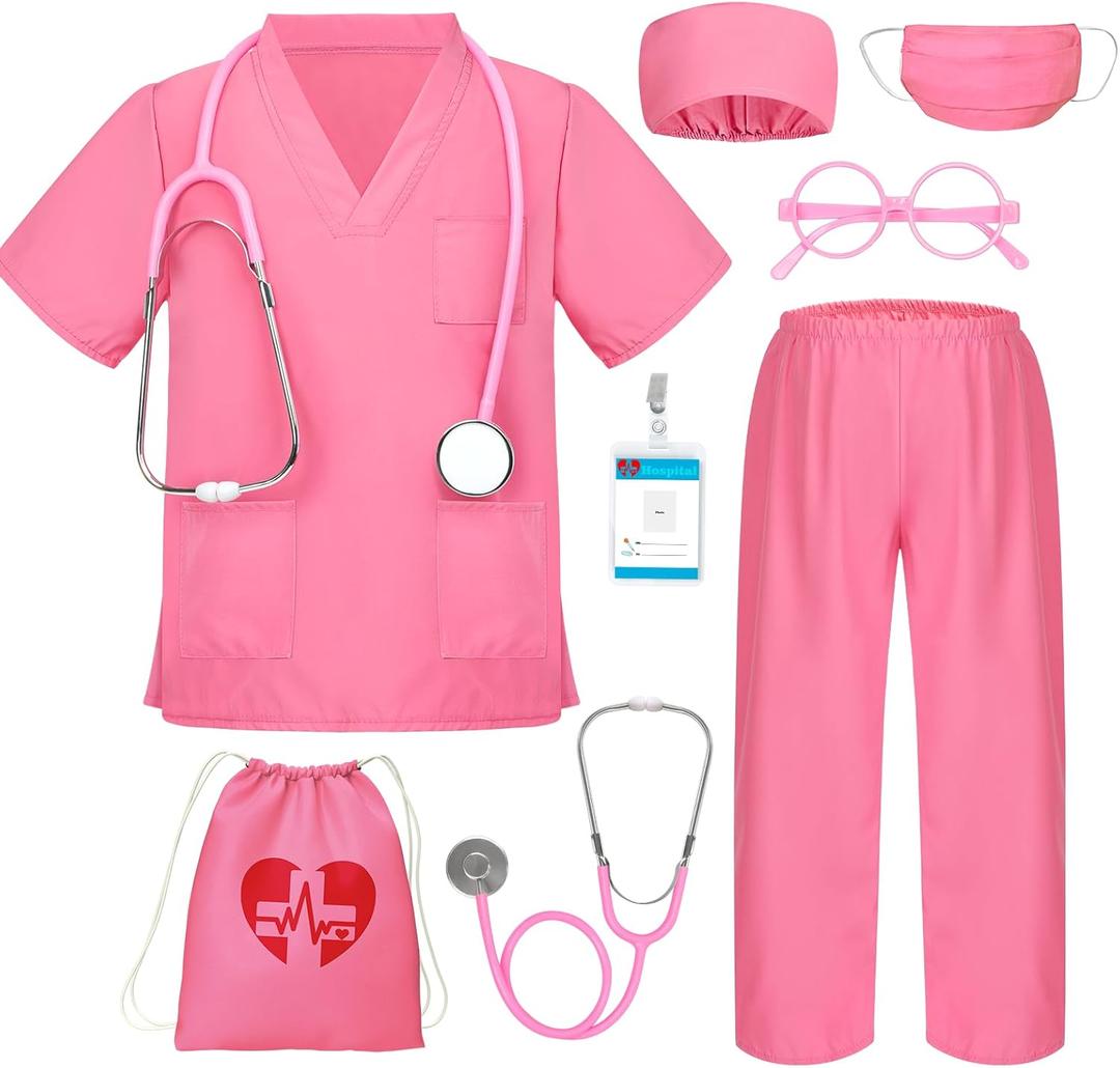 Doctor Costume for Kids Scrubs for Girls Boys, Pretend Play & Dress Up Clothes for Kids, Halloween Costumes for Girls Doctor Kit for Kids with Accessories, Toy Gift for 5-8 Toddler Little Kids