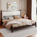 Merax Vintage Queen Size Solid Wood Platform Bed with Upholstered Headboard, Mid-Century Low Bed Frame with Sturdy Wood Legs/No Box Spring Needed/Easy Assembly, Espresso +Beige Fabric