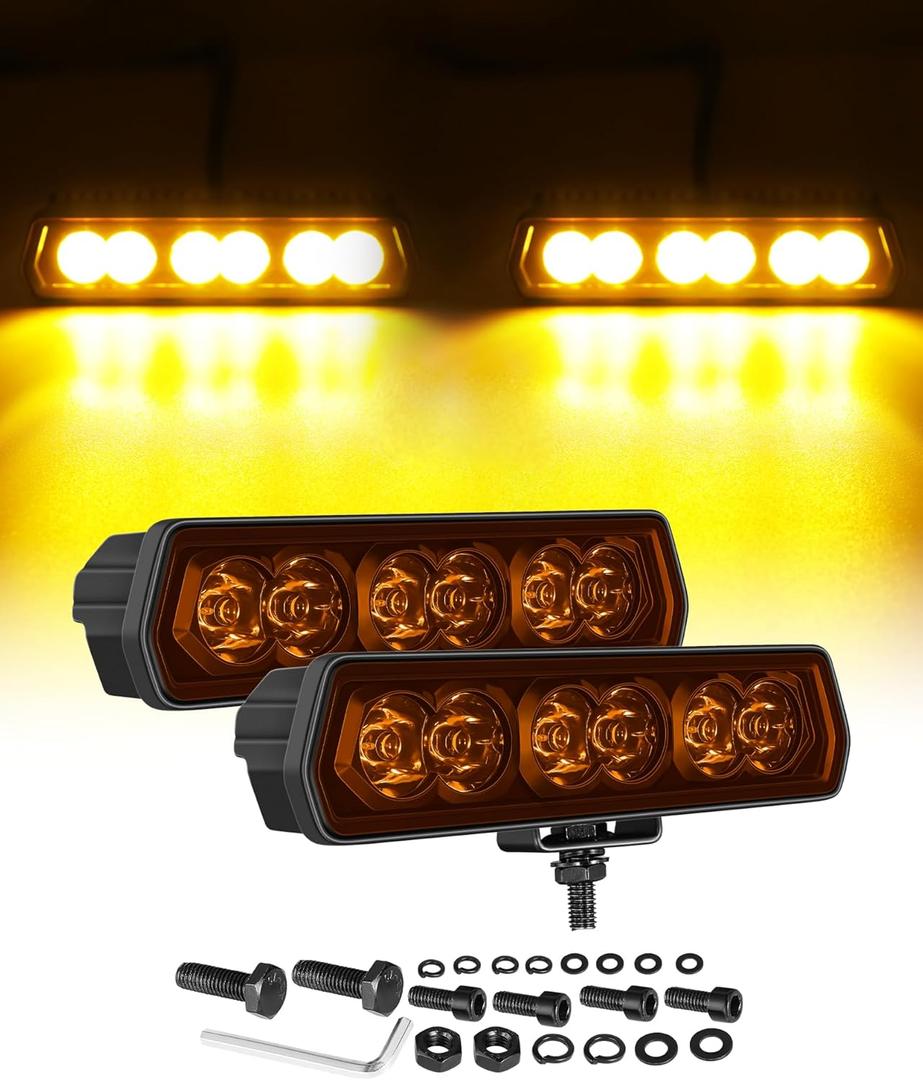 6 Inch Amber LED Light Bars  2PCS, 4300 Lumens, Single Row Slim Light Bar, Spot Amber Beams for ATVs, UTVs, Trucks, Motorcycles