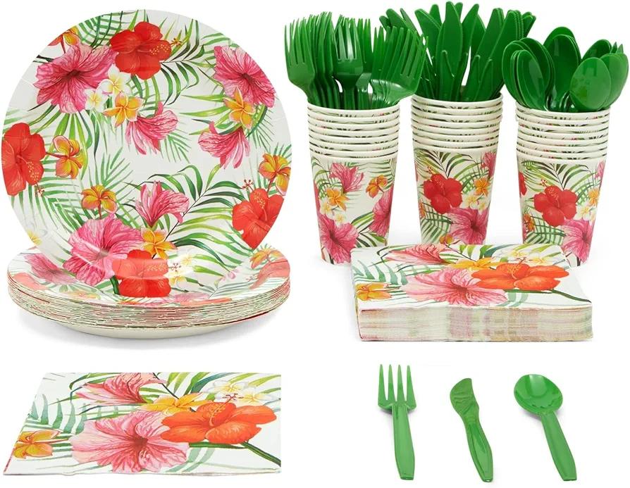BLUE PANDA 144-Piece Tropical Party Supplies - Hawaiian Dinnerware Set with Plates, Napkins, Hawaiian Cups, and Cutlery (Serves 24)