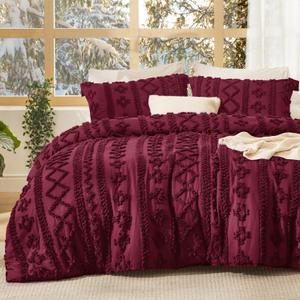 Bedsure Tufted Boho Comforter Set Twin Size - Burgundy Boho Bed Set, GentleSoft™ 2 Pieces Farmhouse-Style Embroidery Bedding, Gifts for Woman, Soft Jacquard Kids' Twin Comforter for All Seasons