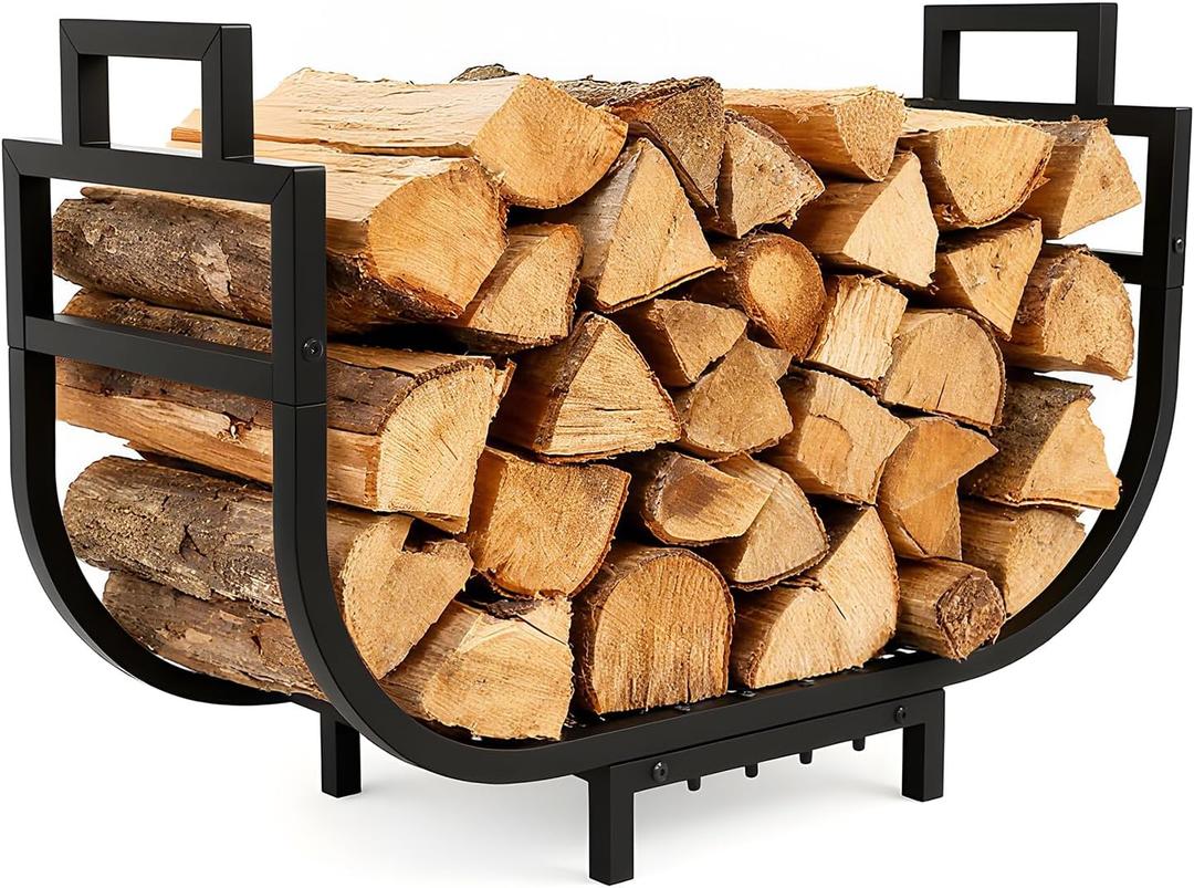 Breeze Touch 30In Curved Firewood Rack Indoor with Handle, Black Metal Log Holders for Firewood Outdoor, Rustproof Wood Holder, Heavy Duty Firewood Storage for Fireplace Patio Deck