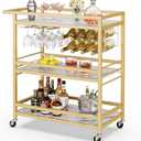Leteuke Bar Cart for Home, 3 Tier Gold Serving Rolling Carts with Wheels, Drink Cart, Liquor Stand with Marbled Wooden Shelves, Wine Rack and Glass Holder for Kitchen, Dining Room, Gold