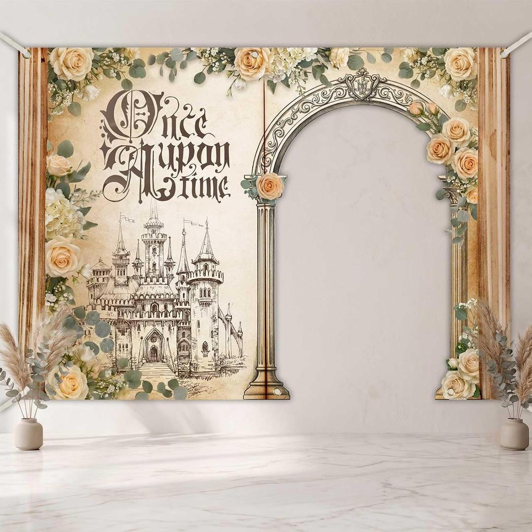 Once Upon a Time Birthday Backdrop Banner, 110x79 Inch Fairy Tale Castle Photo Booth Prop with Door Hole for Princess Theme Party Decorations, Storybook Magic Party Supplies