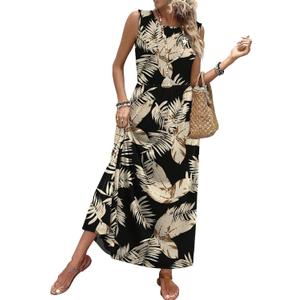 WIHOLL Summer Dresses for Women 2026 Maxi Dresses Long Flowy A Line Sleeveless Sundresses with Pockets (Black), Large