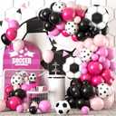 Soccer Party Balloon Garland Arch Kit, Black Hot Pink Decorations With Foil Balloon for Women Girls Kids Birthday Sports Theme, Football Party Decor Supplies