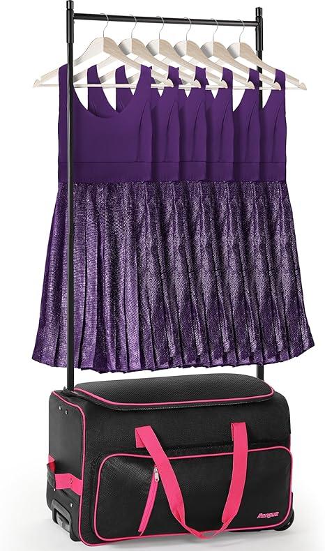 Rengue 23" Dance Duffle Bag with Garment Rack, Rolling Garment Bags for Travel, Wheeled Upright Luggage Closet Suitcase in Black+Pink