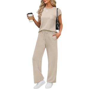 WIHOLL 2 Piece Sets for Women Casual Summer Travel Vacation Outfits Cap Sleeve Lounge Set (Small, Beige)