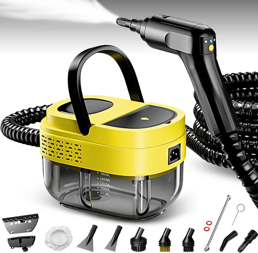 Steam Cleaner, 15s Heat-Up,1.6L Tank,3-Level Adjustable Handle, 2500W Steamer for Cleaning, Portable Steamer for Cleaning with 16PCS Accessories, Steam Cleaner for Home, Car, Dirt, Grease, Grout, Tile, Couch (Yellow)