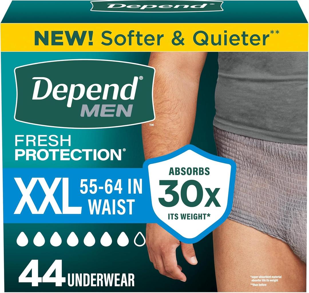 Depend Fresh Protection Adult Diapers, Incontinence Underwear for Men, Disposable, Maximum, Extra-Extra-Large, Grey, 44 Count (2 Packs of 22)