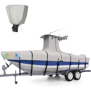 100% Waterproof T-Top Boat Cover Ultra-Thick 1200D Heavy-Duty Tear-Resistant Polyester with Motor Cover & 19 Reinforced Straps, for 22"-24" Center Console Boat with T Top Roof (Gray)