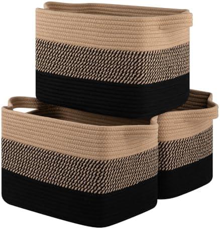 OIASKET Storage Basket for Organizing, Woven Baskets for Storage, Rectangle Decorative Baskets for Shleves, Closet, Toys, Books, Nursery Organizer Bins - Pack of 3 (Black & Brown)