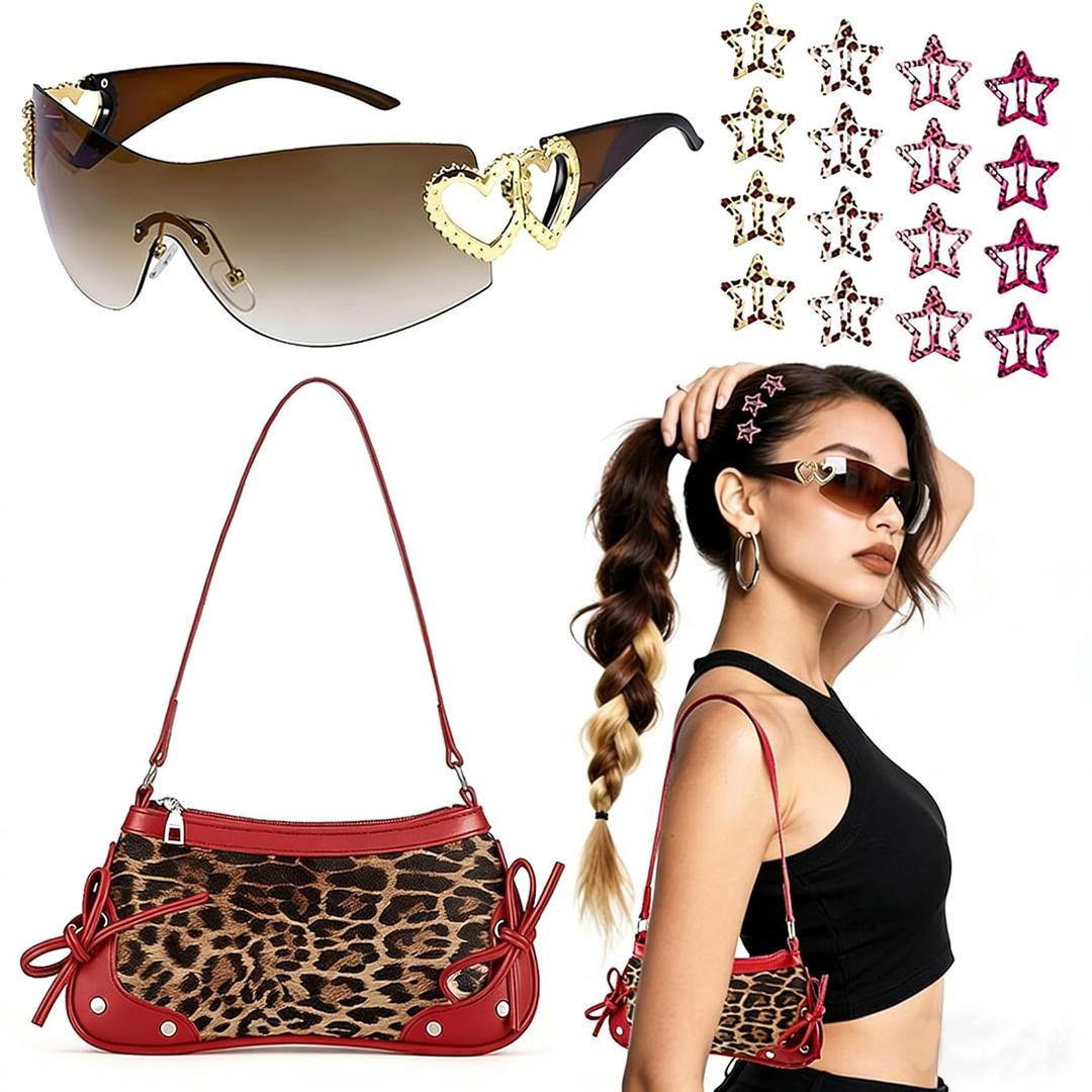 JATEBI Y2K Accessories Set 18-Piece Include Y2k Leopard Shoulder Bag Retro Sunglasses & 16 Hair clip for Woman, Grunge Aesthetic Festival Gift