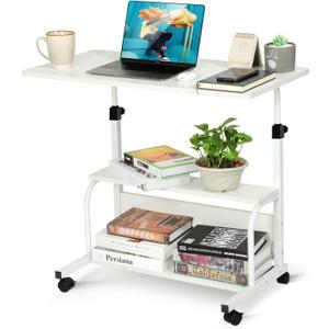 Portable Rolling Desk on Wheels Small Standing Desk Adjustable Height Desks with Wheels for Small Spaces, 32" Computer Desks with Storage Shelves for Home Office Study White