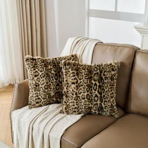 Pack of 2 Throw Pillow Covers Dense Faux Rabbit Fur Cozy Super Soft Fuzzy Set Case Decorative Throw Pillows Cushion for Couch Sofa Bedroom-Leopard Brown 12x20 Inch