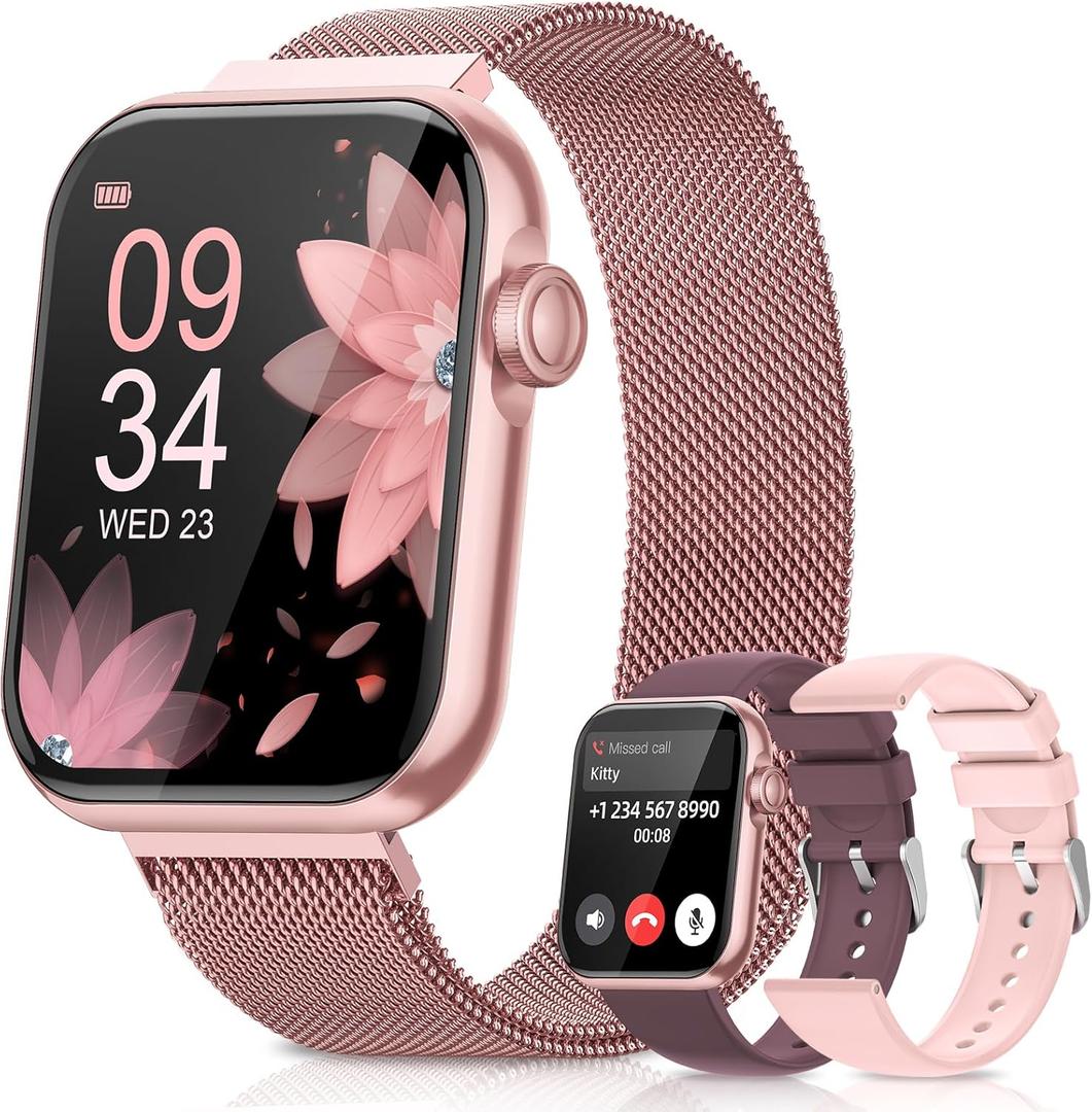 Smart Watches for Women, Health Fitness Watch for Android iPhone, Sleep/Heart Rate/SpO2/Blood Pressure Monitor, 1.85'' Smartwatch for Calls/SMS/Notifications, 100+ Sports Modes, 300+ Dials, 3 Bands (Pink)