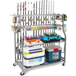 PeBro Fishing Pole Holders, Fishing Rod Holders for Garage, Fishing Rod Holder for Fishing Rod Tackle Box Reel Storage, All-In-One Fishing Rod Rack with Hooks and Wheels