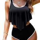 Women High Waisted Bikini Swimsuit Plus Size Flounce Top Vintage Tummy Control Bottom Two Piece Tankini Bathing Suits (XX-Large, Black White)