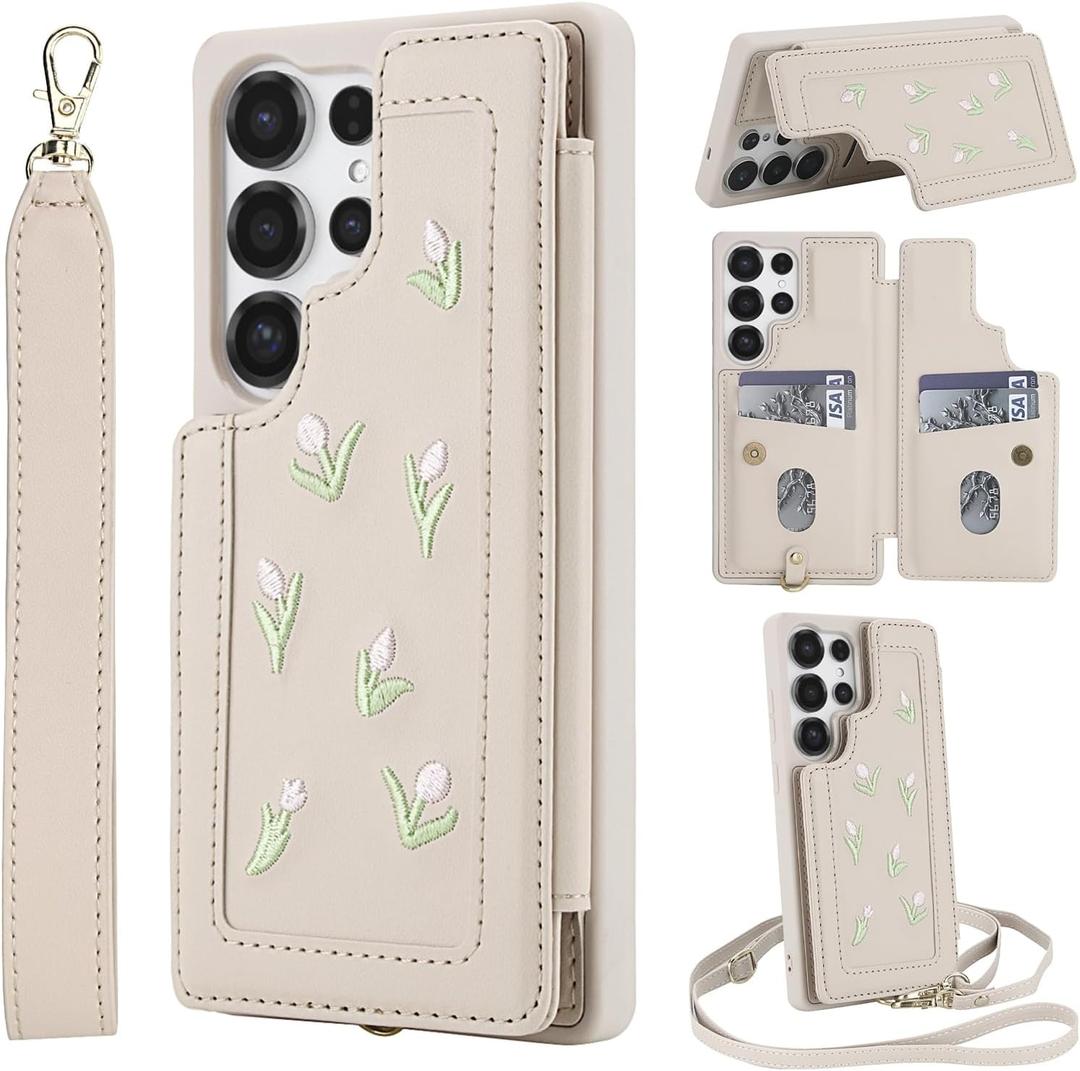 Wallet Case for Samsung Galaxy S25 Ultra, Magnetic Snap Flip Leather Cover with Flower Design Credit Card Holder Stand WristbandSamsung S25 Ultra Protective Phone Case for Women