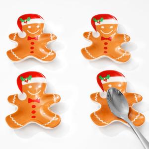 Whaline 4Pcs Christmas Spoon Rest Gingerbread Man Ceramic Spoon Holder Cute Xmas Gingerbread Sauce Dishes Ring Dish for Kitchen Home Office Decor