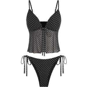 ZAFUL Tankini Swimsuits for Women Lace Trim Tie Front Textured High Cut Tanga Tankini Set, Small