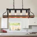 Rustic Kitchen Island Dining Room Light Fixture Farmhouse Linear Chandelier Black and Retro Wood Finish 4-Light Industrial Metal Hanging Pendant Light UL Listed L28.3 W10.6