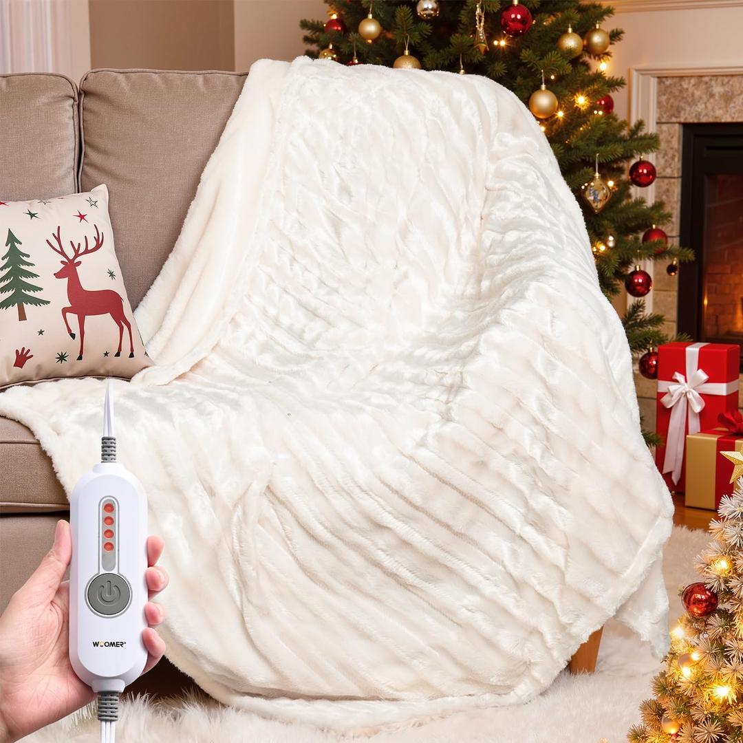 WOOMER Electric Heated Throw Blanket, Soft Faux Fur Fast Heating Blanket, 4 Heating Levels & 4 Hours Auto Off (50"x 60"), Machine Washable, Over-Heat Protection, ETL Certification (Beige)